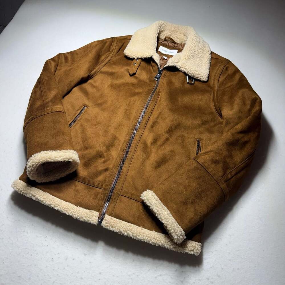 Calvin Klein Men's Classic Faux Shearling B-3 Bomber Jacket Cognac Brown